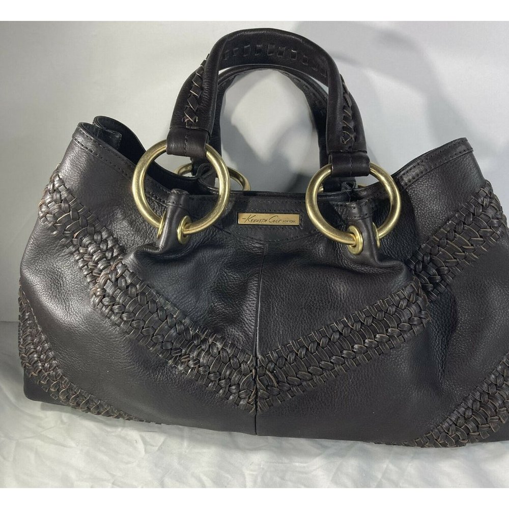 Kenneth Cole Chocolate Brown Leather Braided Gold Ring Tassel Satchel Handbag